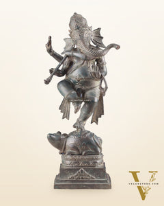 Indonesian Bronze Dancing Ganesha Playing Flute on Mooshak statue | Lost Wax Casting | 16.5"