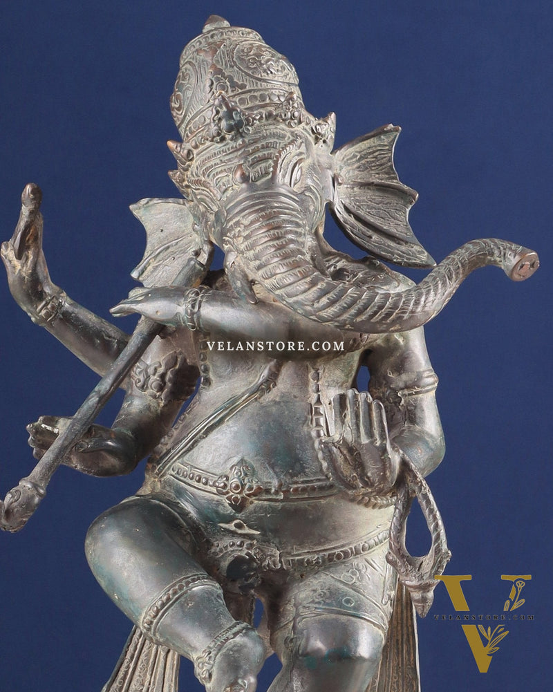 Indonesian Bronze Dancing Ganesha Playing Flute on Mooshak statue | Lost Wax Casting | 16.5"