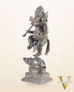Indonesian Bronze Dancing Ganesha Playing Flute on Mooshak statue | Lost Wax Casting | 16.5"