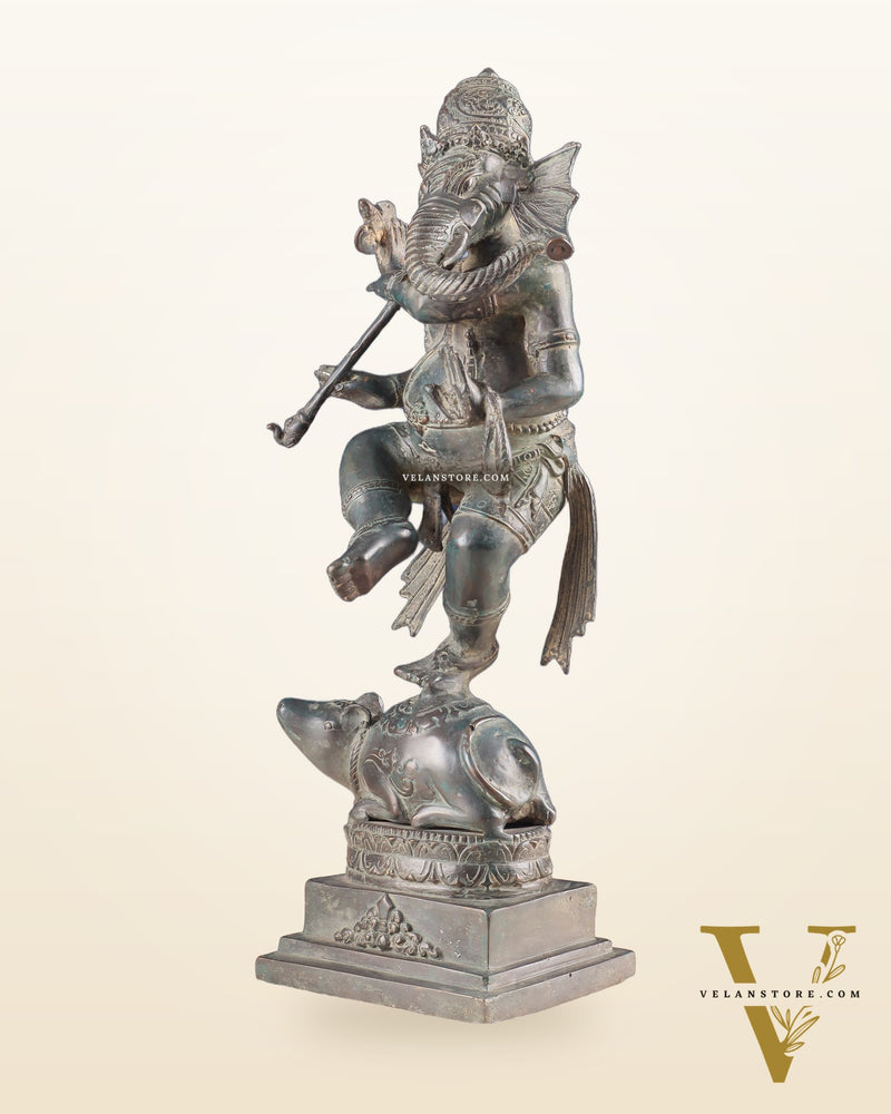 Indonesian Bronze Dancing Ganesha Playing Flute on Mooshak statue | Lost Wax Casting | 16.5"