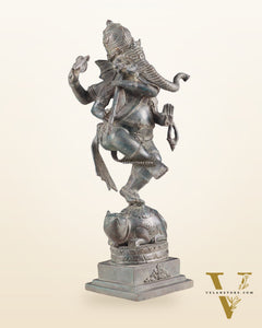 Indonesian Bronze Dancing Ganesha Playing Flute on Mooshak statue | Lost Wax Casting | 16.5"