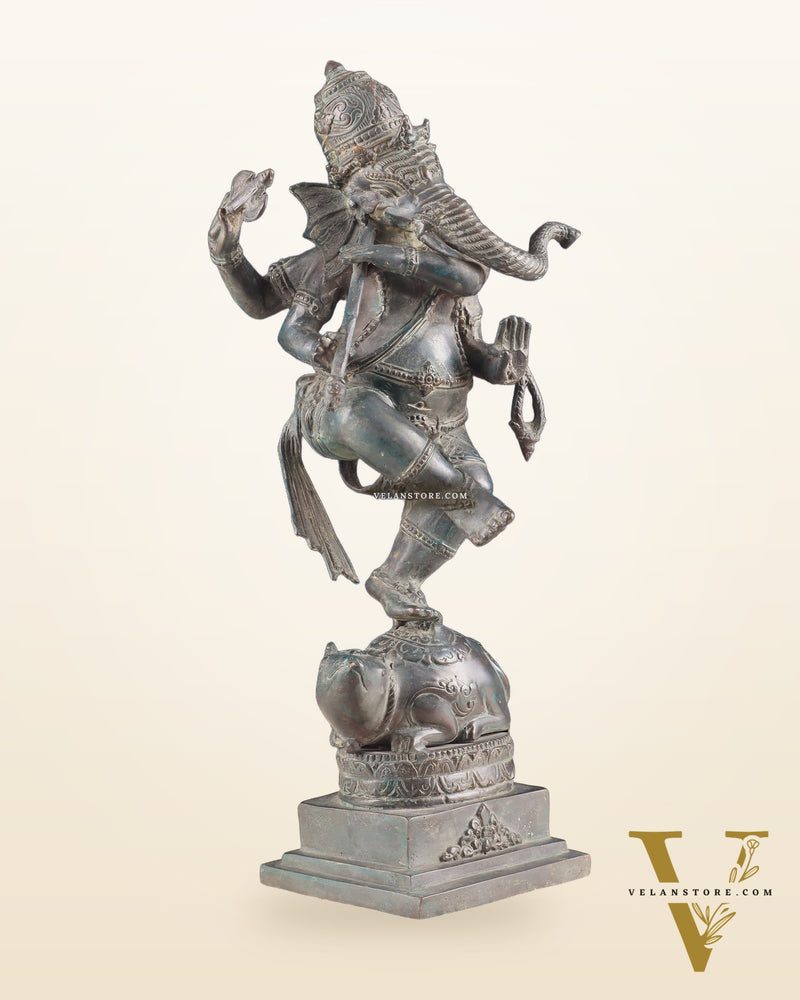 Indonesian Bronze Dancing Ganesha Playing Flute on Mooshak statue | Lost Wax Casting | 16.5"