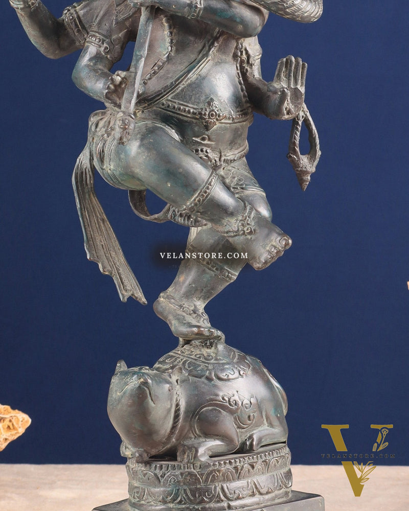 Indonesian Bronze Dancing Ganesha Playing Flute on Mooshak statue | Lost Wax Casting | 16.5"