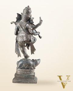 Indonesian Bronze Dancing Ganesha Playing Flute on Mooshak statue | Lost Wax Casting | 16.5"