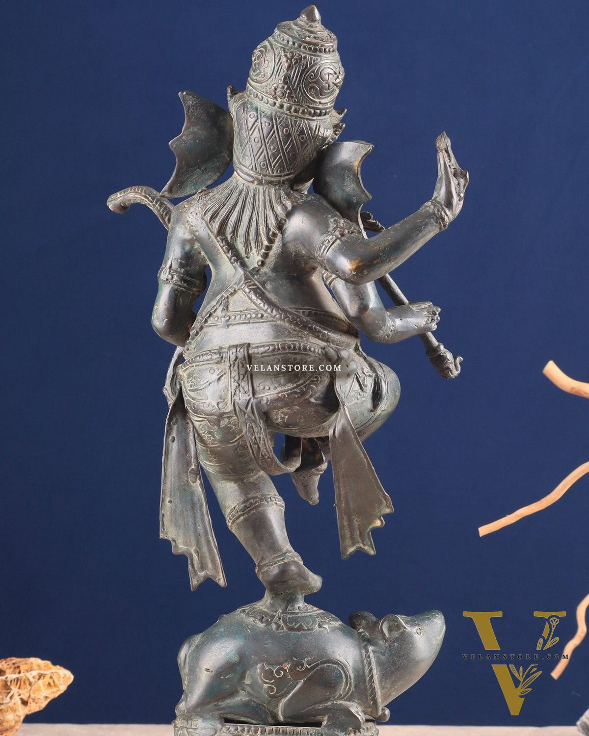Indonesian Bronze Dancing Ganesha Playing Flute on Mooshak statue | Lost Wax Casting | 16.5"