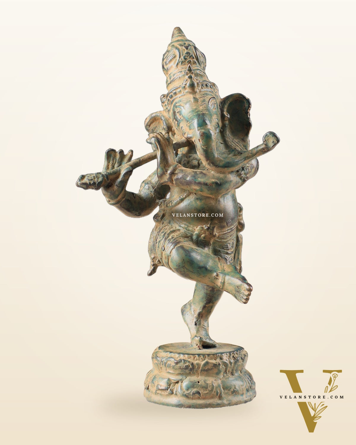 Indonesian Bronze Dancing Ganesha Playing the Flute Sculpture 7"