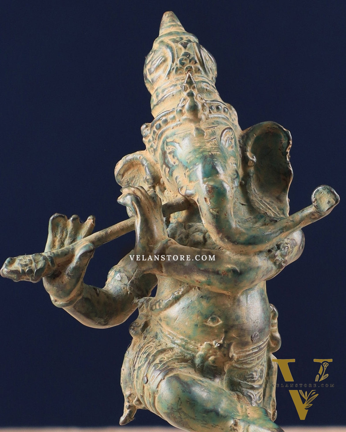 Indonesian Bronze Dancing Ganesha Playing the Flute Sculpture 7"