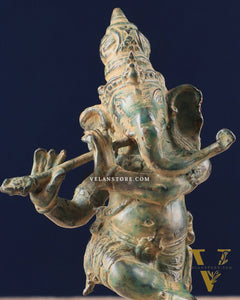 Indonesian Bronze Dancing Ganesha Playing the Flute Sculpture 7"