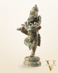 Indonesian Bronze Dancing Ganesha Playing the Flute Sculpture 7"