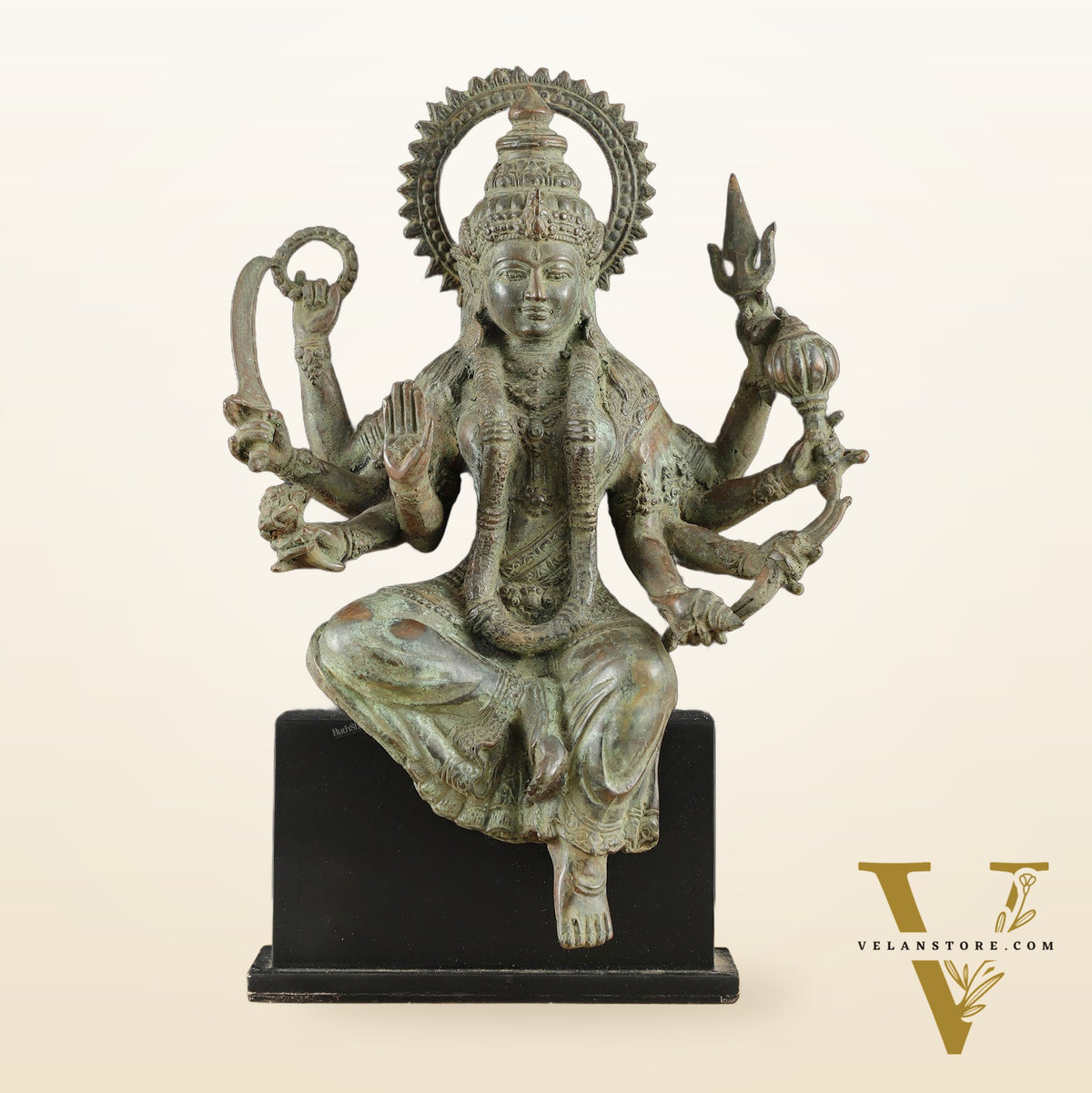 Indonesian Bronze Eight-Armed Goddess Durga Seated on Wooden Base | 14" |
