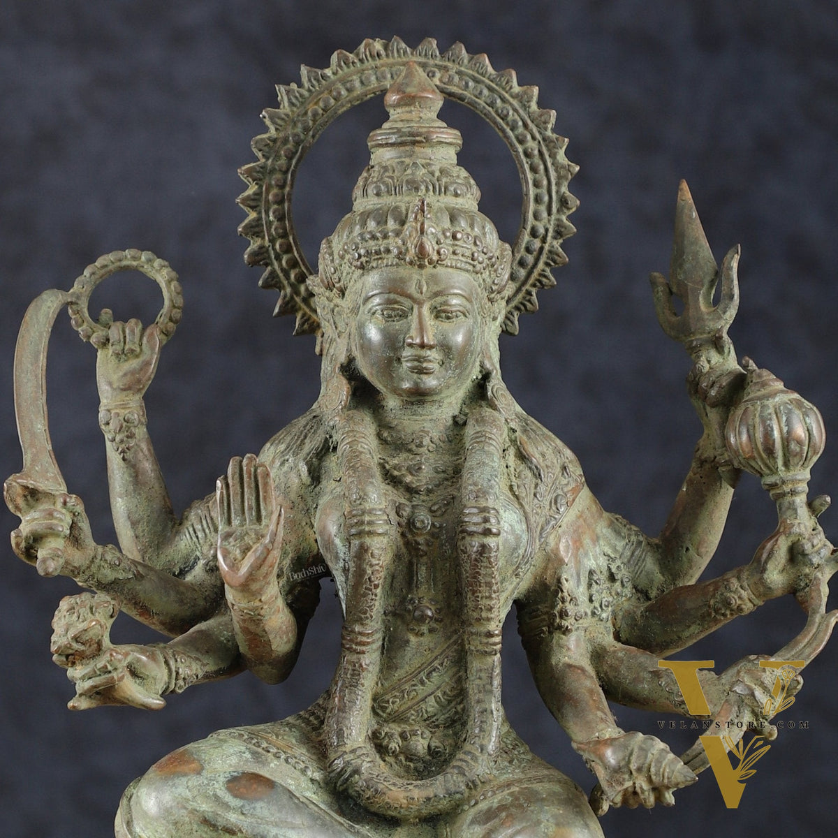 Indonesian Bronze Eight-Armed Goddess Durga Seated on Wooden Base | 14" |