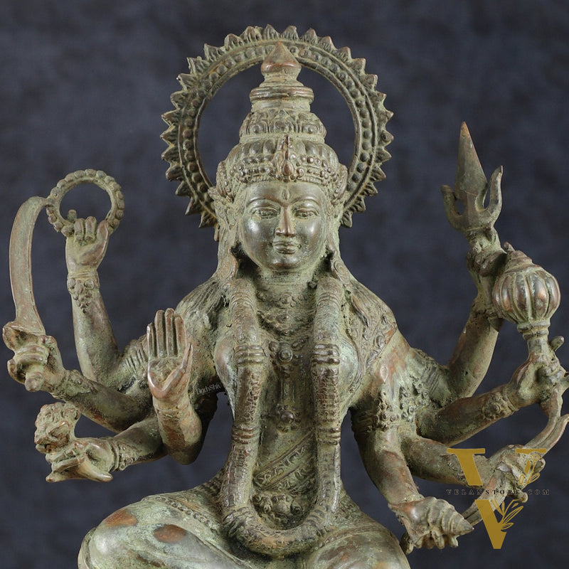 Indonesian Bronze Eight-Armed Goddess Durga Seated on Wooden Base | 14" |