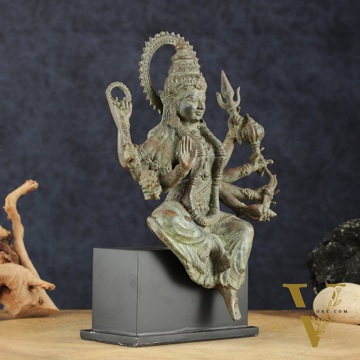 Indonesian Bronze Eight-Armed Goddess Durga Seated on Wooden Base | 14" |
