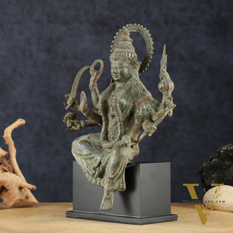Indonesian Bronze Eight-Armed Goddess Durga Seated on Wooden Base | 14" |
