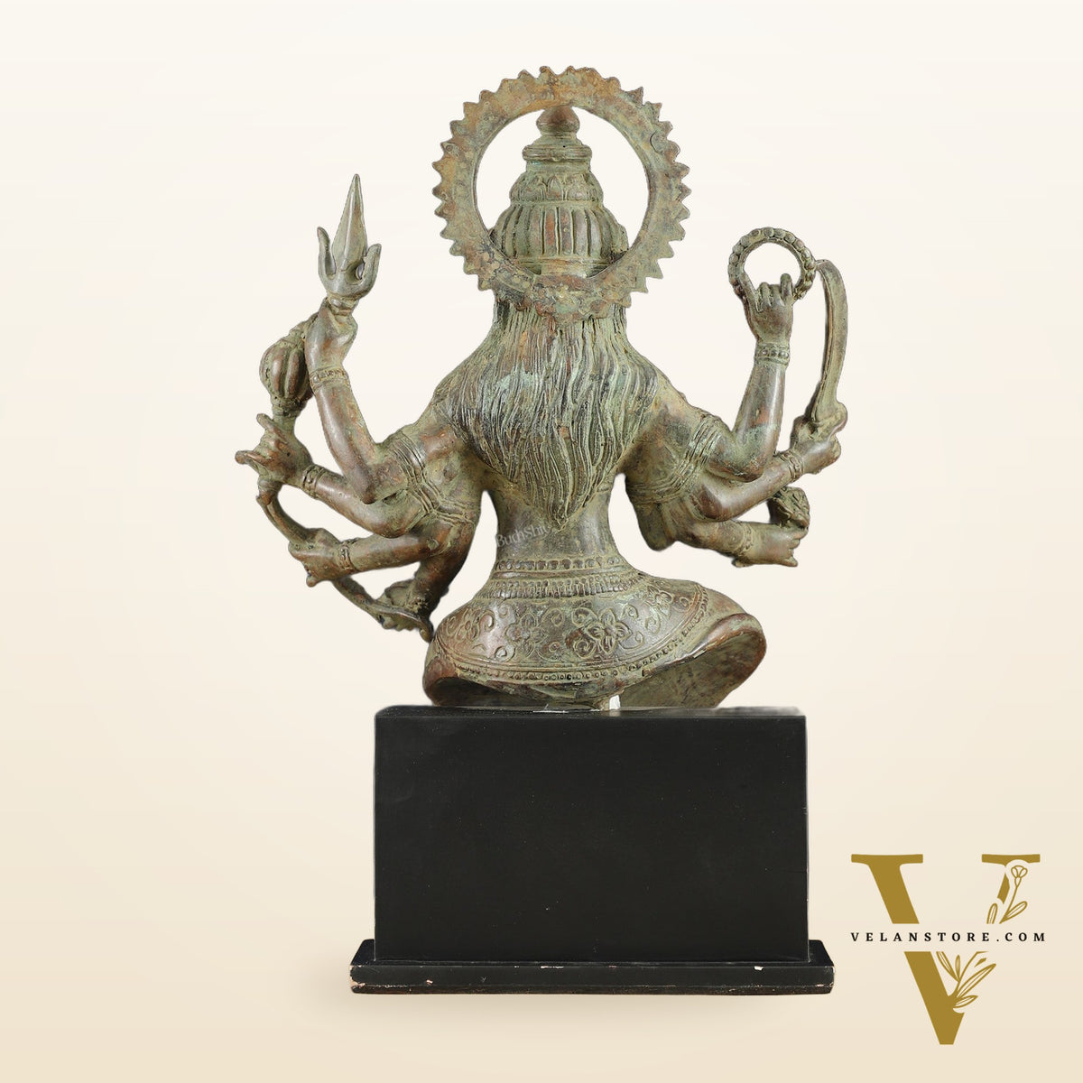 Indonesian Bronze Eight-Armed Goddess Durga Seated on Wooden Base | 14" |
