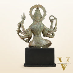 Indonesian Bronze Eight-Armed Goddess Durga Seated on Wooden Base | 14" |