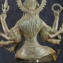 Indonesian Bronze Eight-Armed Goddess Durga Seated on Wooden Base | 14" |