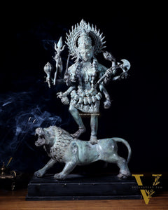 Indonesian Bronze Kali Standing on Lion – 21.2" Bronze Statue