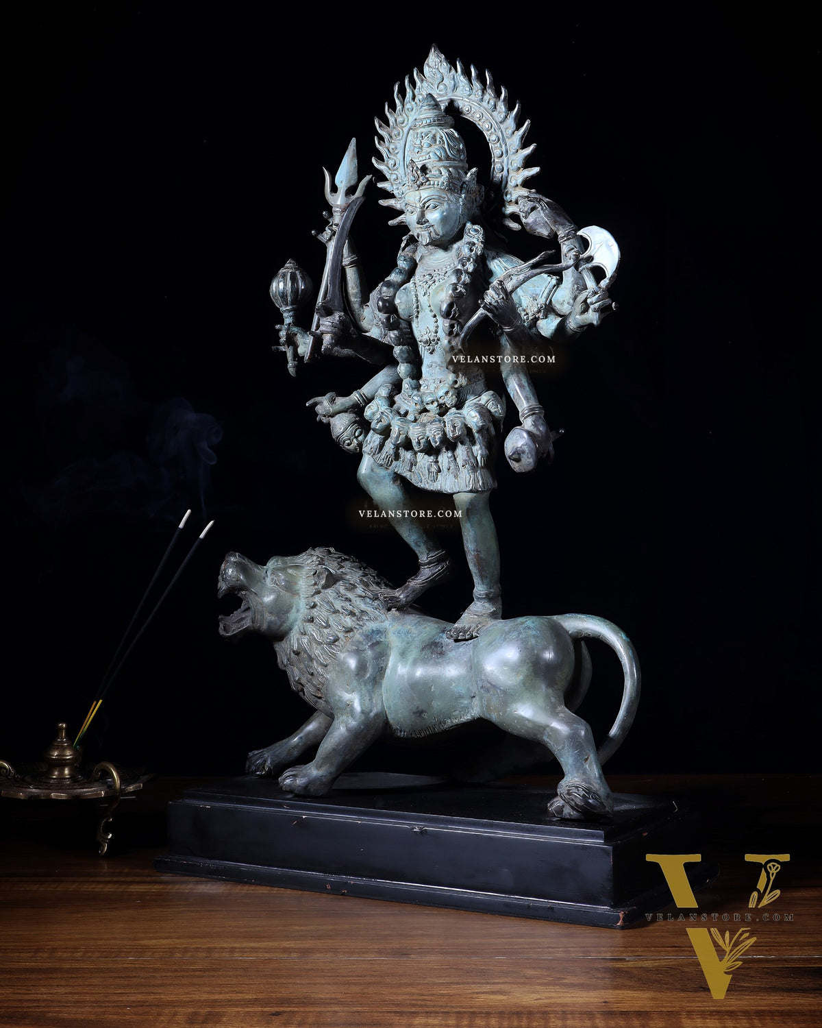 Indonesian Bronze Kali Standing on Lion – 21.2" Bronze Statue