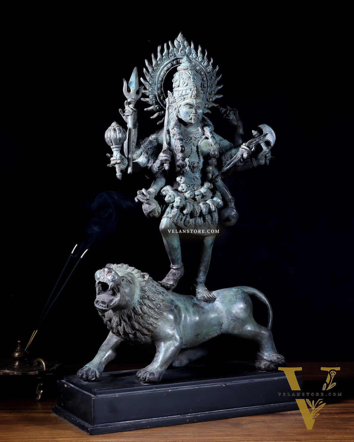 Indonesian Bronze Kali Standing on Lion – 21.2" Bronze Statue