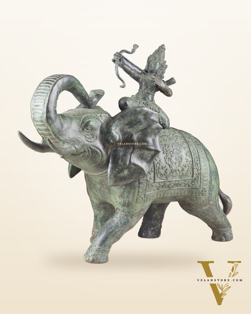Indonesian Bronze Lord indra on Elephant Raising Bow Sculpture 23"