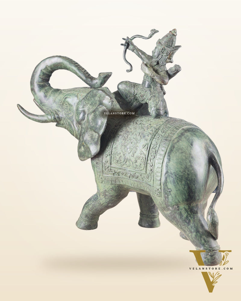 Indonesian Bronze Lord indra on Elephant Raising Bow Sculpture 23"