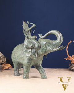 Indonesian Bronze Lord indra on Elephant Raising Bow Sculpture 23"