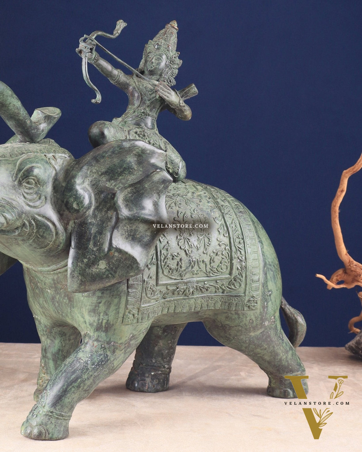 Indonesian Bronze Lord indra on Elephant Raising Bow Sculpture 23"