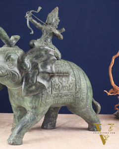 Indonesian Bronze Lord indra on Elephant Raising Bow Sculpture 23"