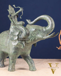Indonesian Bronze Lord indra on Elephant Raising Bow Sculpture 23"