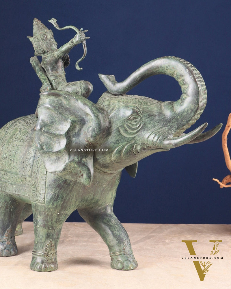 Indonesian Bronze Lord indra on Elephant Raising Bow Sculpture 23"