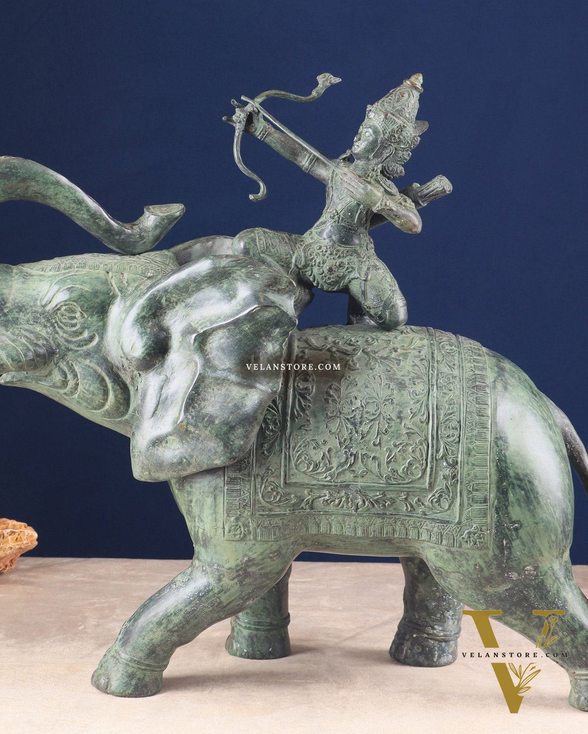 Indonesian Bronze Lord indra on Elephant Raising Bow Sculpture 23"