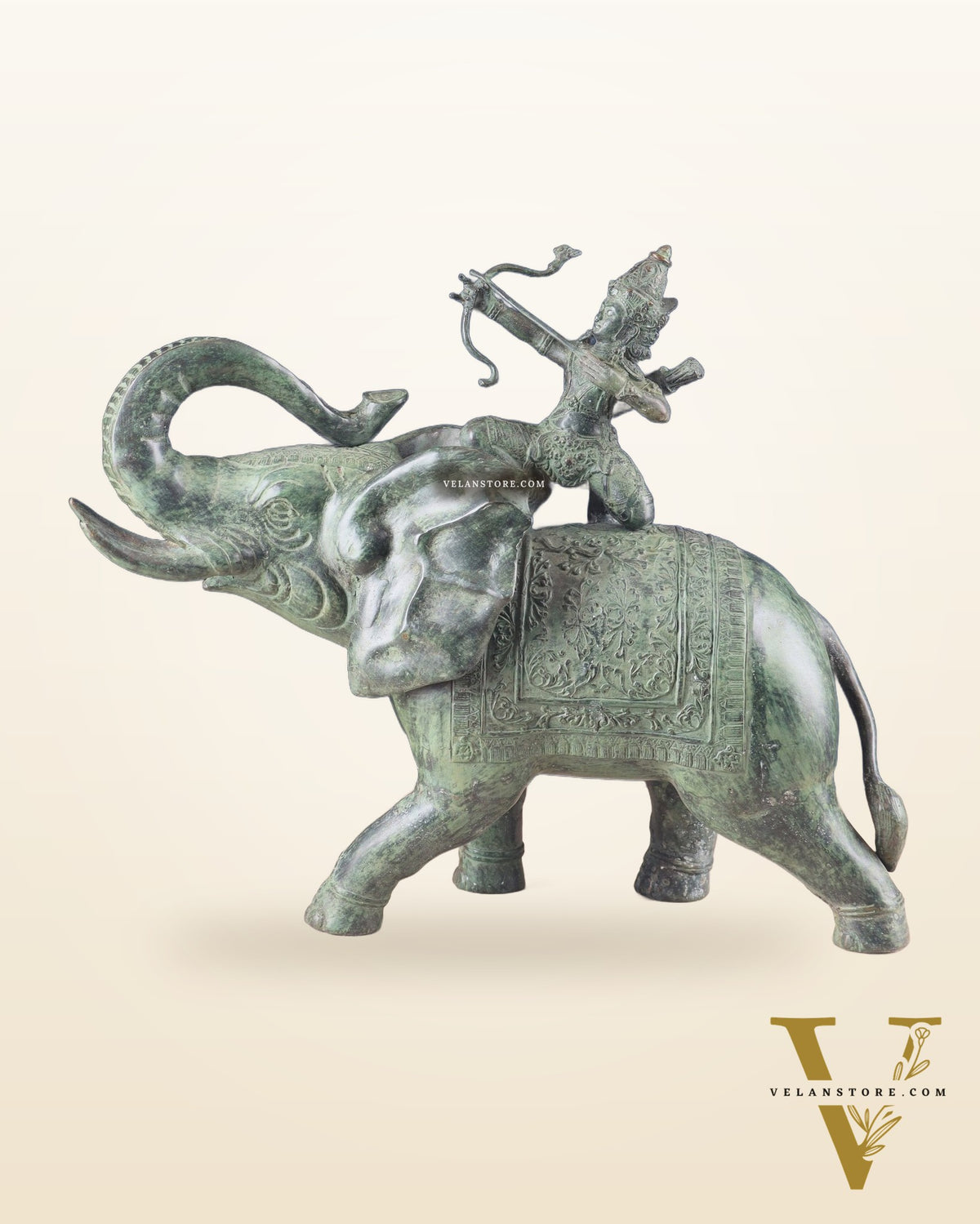Indonesian Bronze Lord indra on Elephant Raising Bow Sculpture 23"