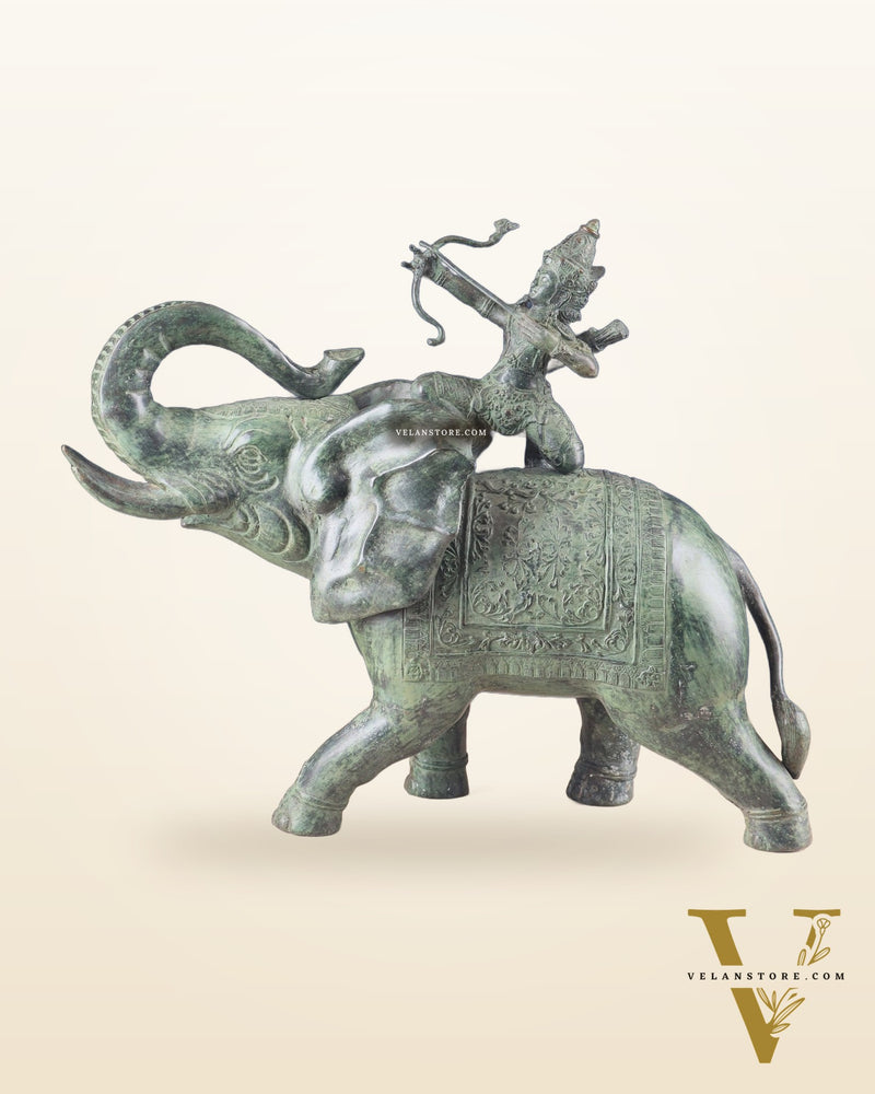 Indonesian Bronze Lord indra on Elephant Raising Bow Sculpture 23"