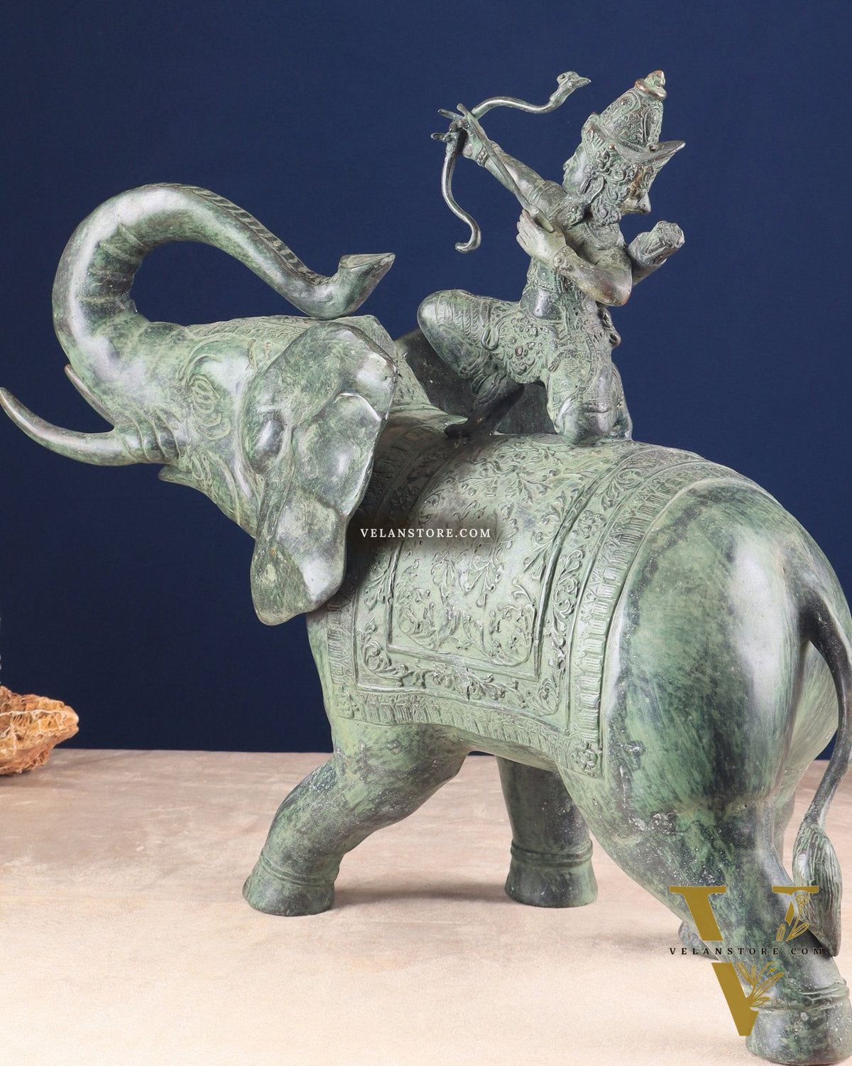 Indonesian Bronze Lord indra on Elephant Raising Bow Sculpture 23"