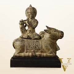 Indonesian Bronze Lord Krishna Sitting on Cow Sculpture | Height: 10 inch