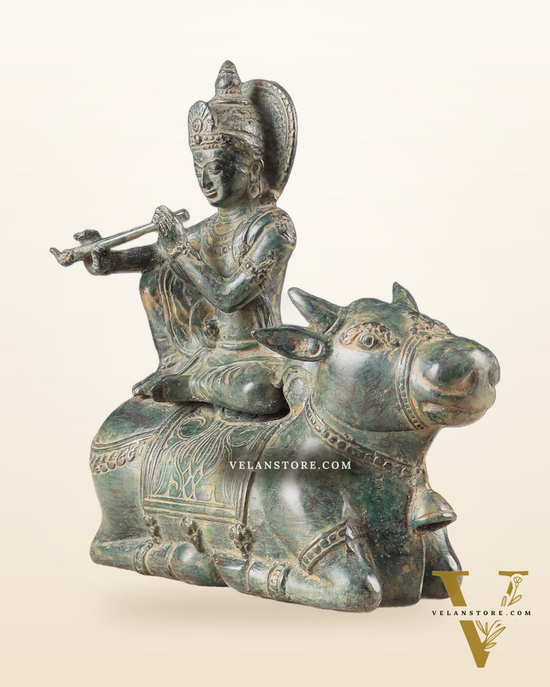 Indonesian Bronze Lord Krishna Sitting on Cow Sculpture | Height: 9 inch