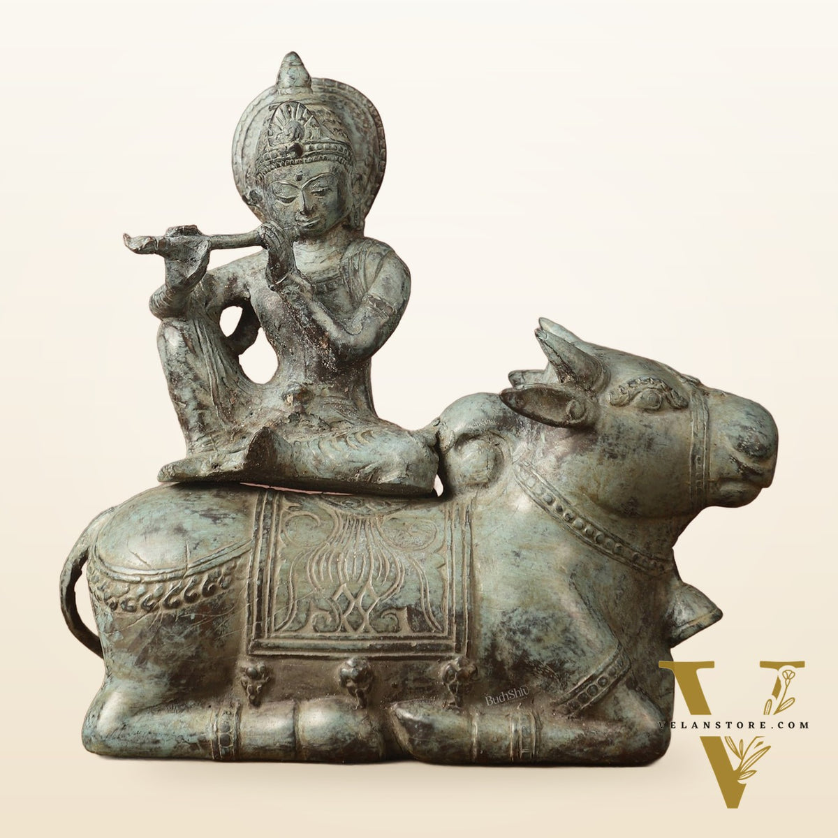 Indonesian Bronze Lord Krishna Sitting on Cow Sculpture | Height: 9 inch