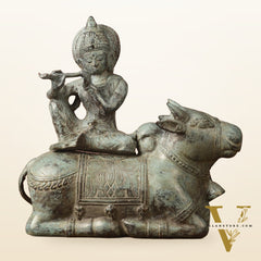 Indonesian Bronze Lord Krishna Sitting on Cow Sculpture | Height: 9 inch
