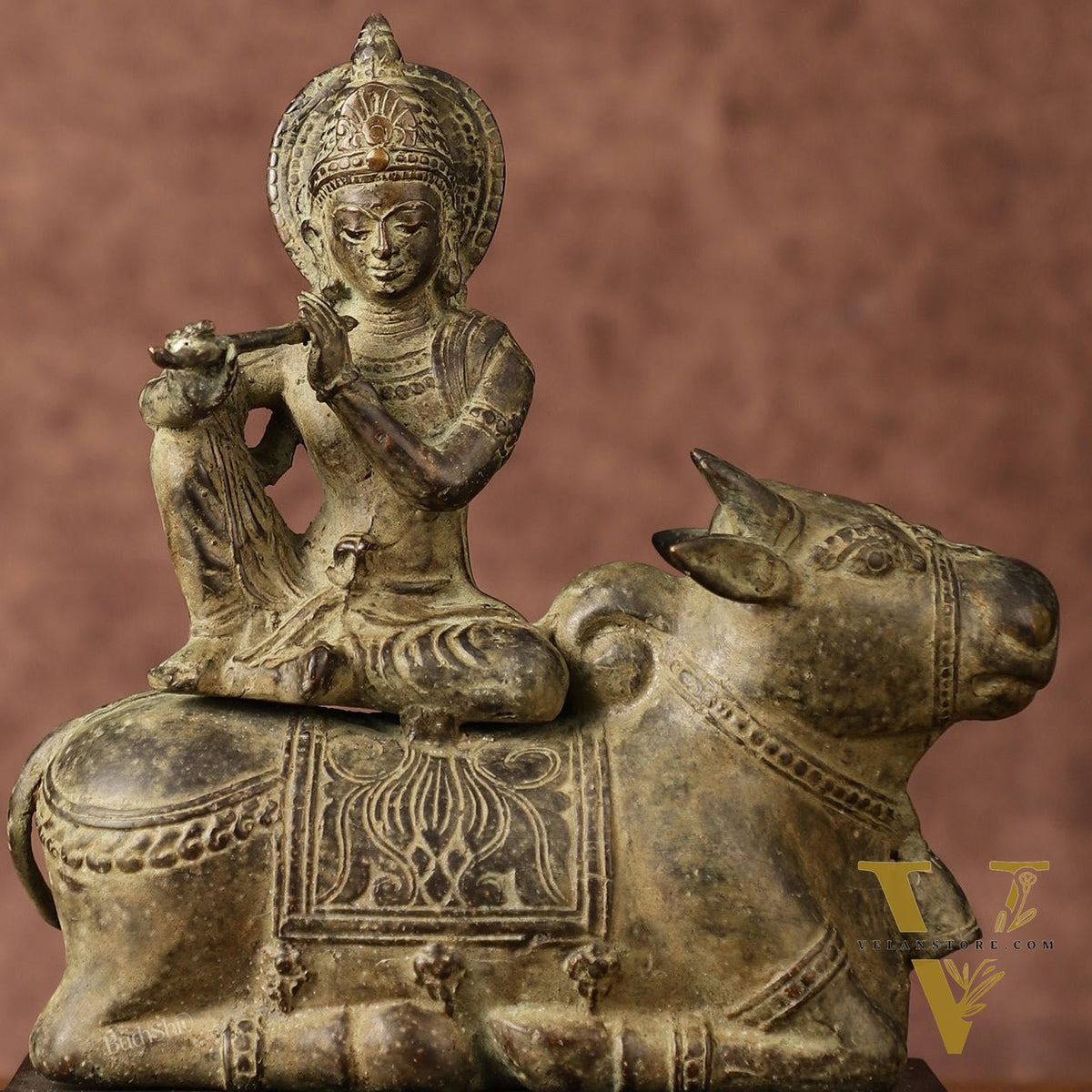 Indonesian Bronze Lord Krishna Sitting on Cow Sculpture | Height: 10 inch