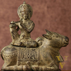 Indonesian Bronze Lord Krishna Sitting on Cow Sculpture | Height: 10 inch
