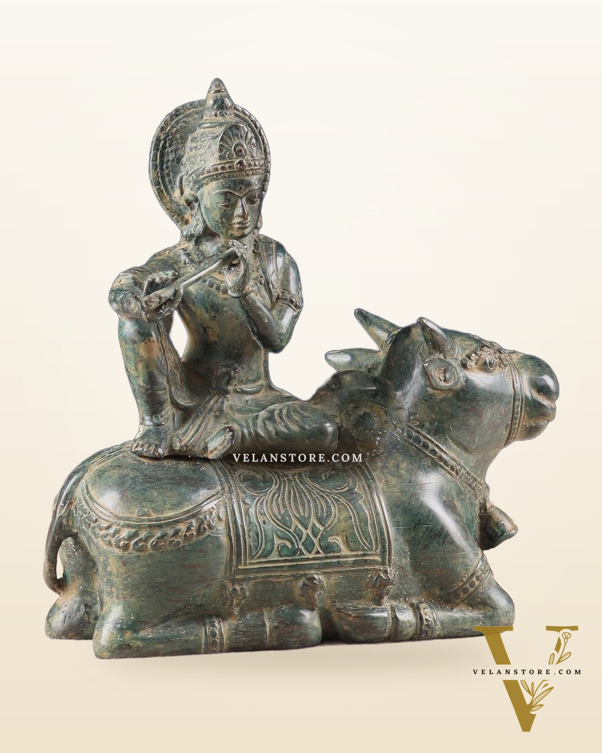 Indonesian Bronze Lord Krishna Sitting on Cow Sculpture | Height: 9 inch