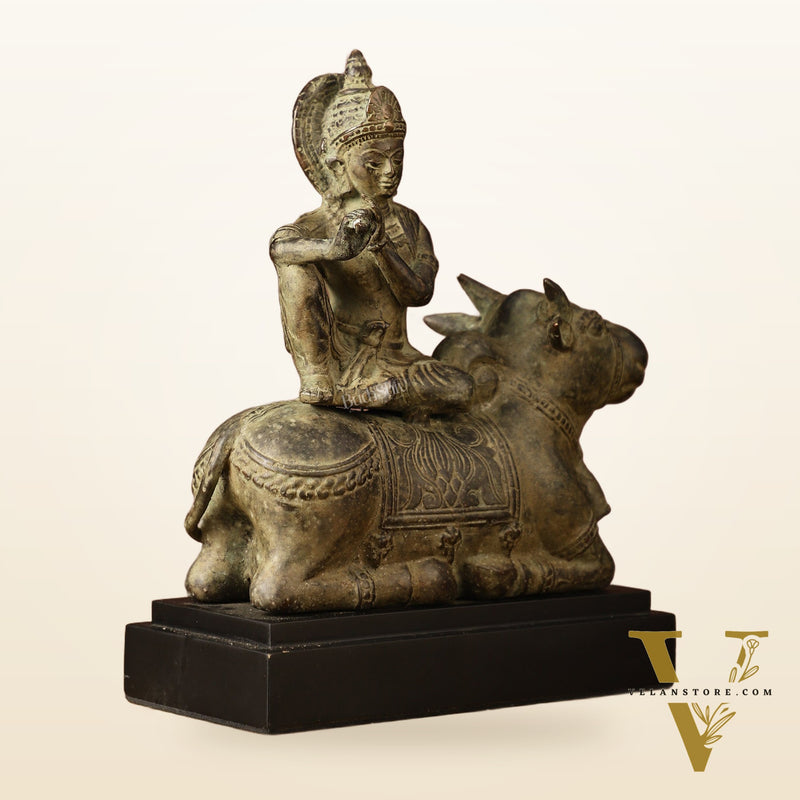 Indonesian Bronze Lord Krishna Sitting on Cow Sculpture | Height: 10 inch