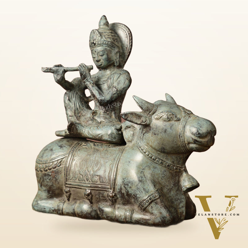 Indonesian Bronze Lord Krishna Sitting on Cow Sculpture | Height: 9 inch