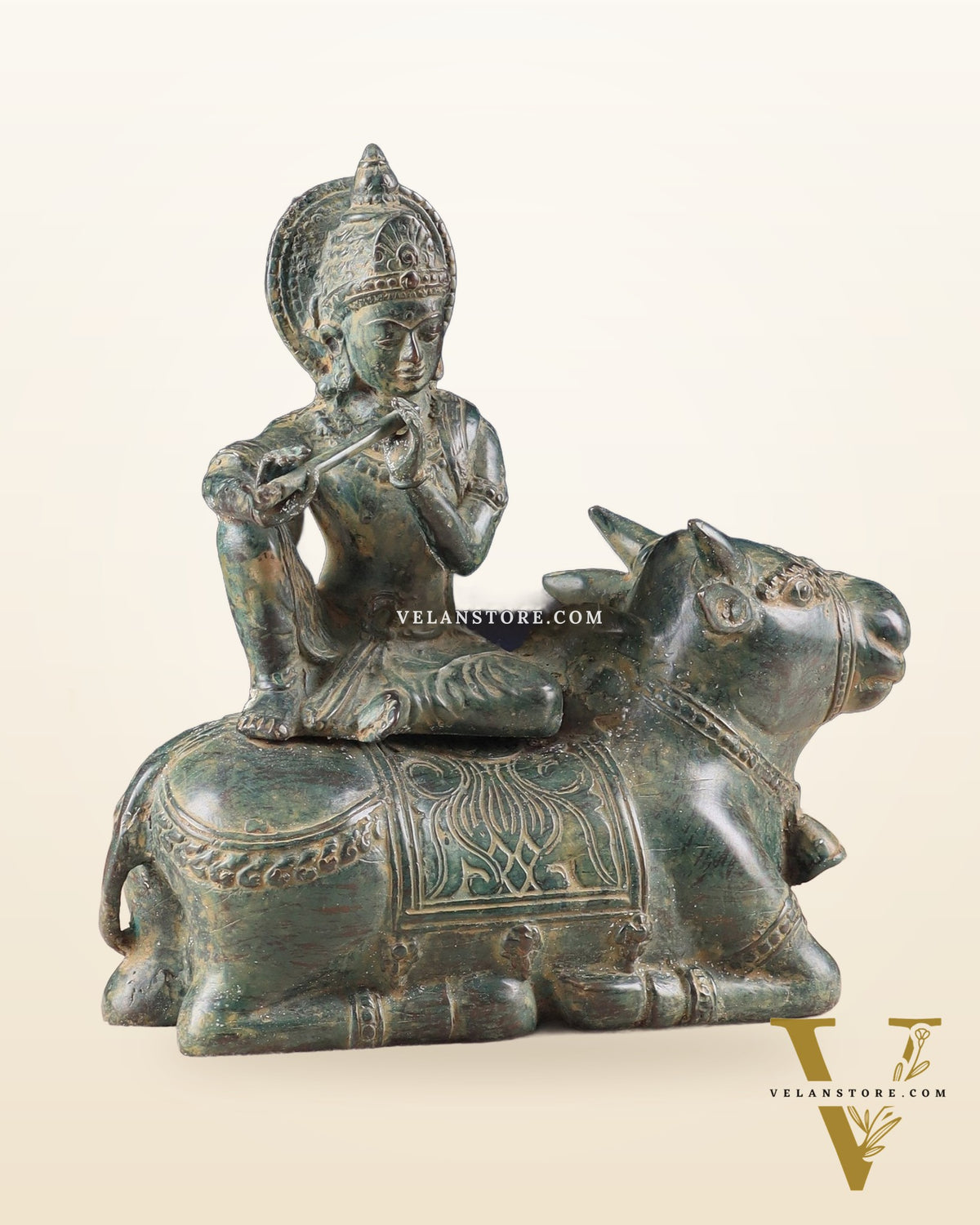 Indonesian Bronze Lord Krishna Sitting on Cow Sculpture | Height: 9 inch