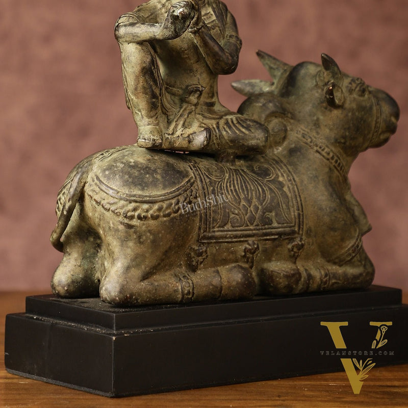 Indonesian Bronze Lord Krishna Sitting on Cow Sculpture | Height: 10 inch