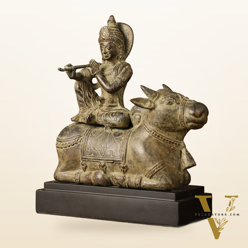 Indonesian Bronze Lord Krishna Sitting on Cow Sculpture | Height: 10 inch