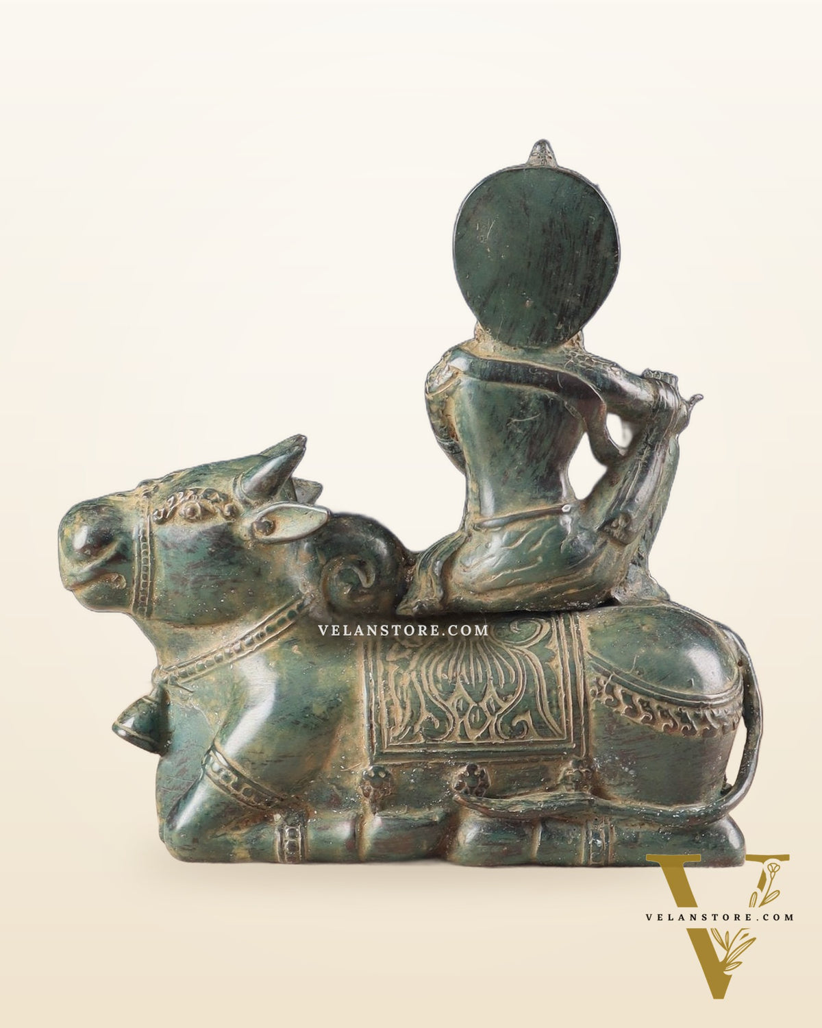 Indonesian Bronze Lord Krishna Sitting on Cow Sculpture | Height: 9 inch