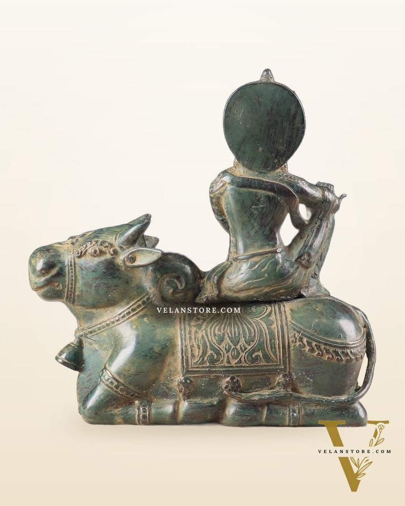 Indonesian Bronze Lord Krishna Sitting on Cow Sculpture | Height: 9 inch