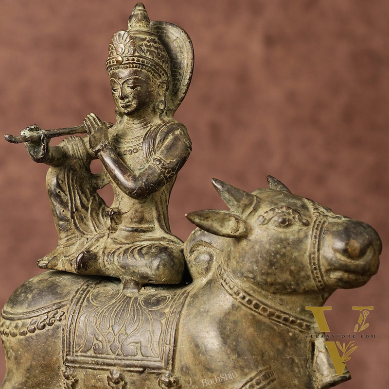Indonesian Bronze Lord Krishna Sitting on Cow Sculpture | Height: 10 inch